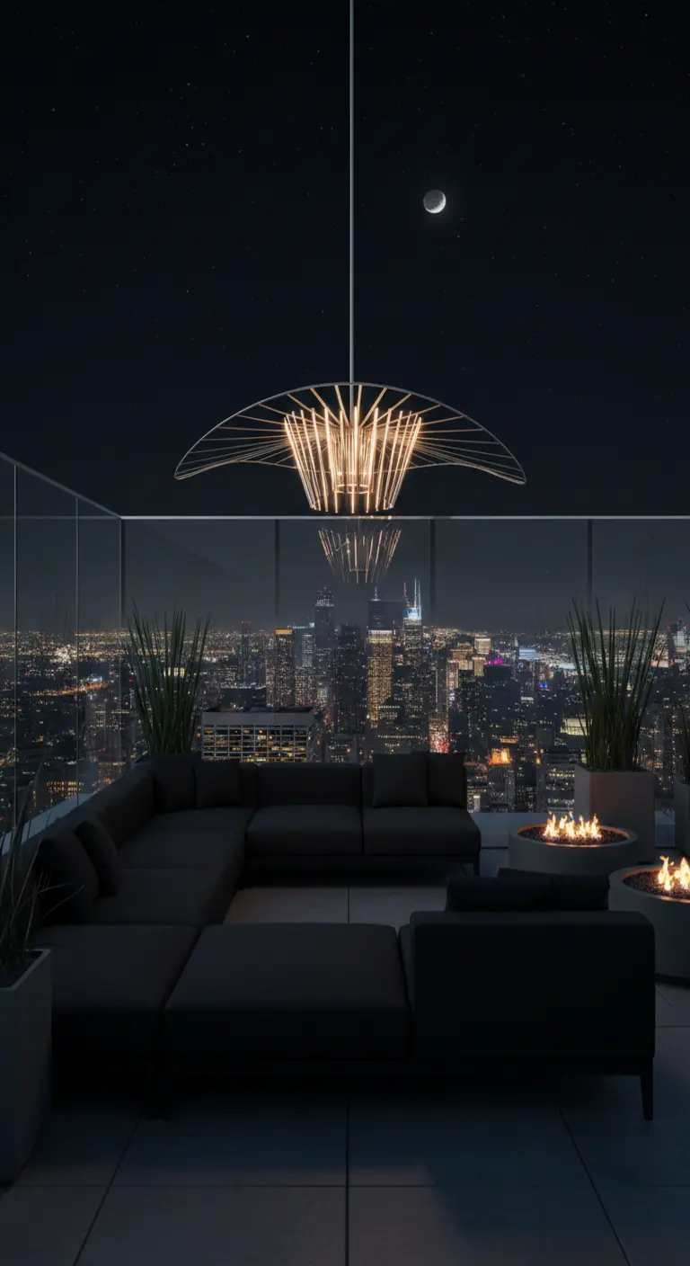 Azotea de lujo por la noche con un sofá modular negro, braseros y una espectacular lámpara de araña moderna