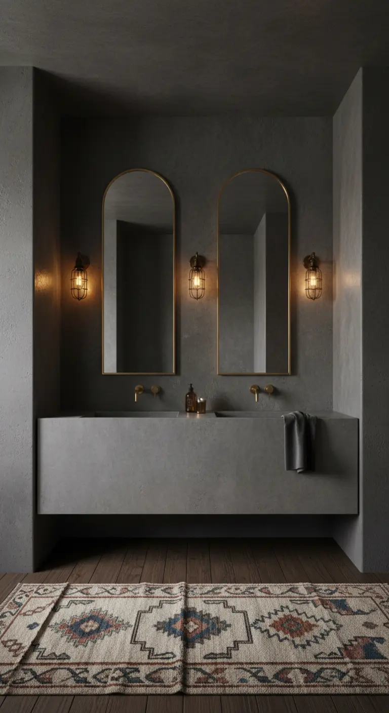 Baño oscuro de microcemento con doble lavabo, espejos arqueados dorados y una alfombra étnica.