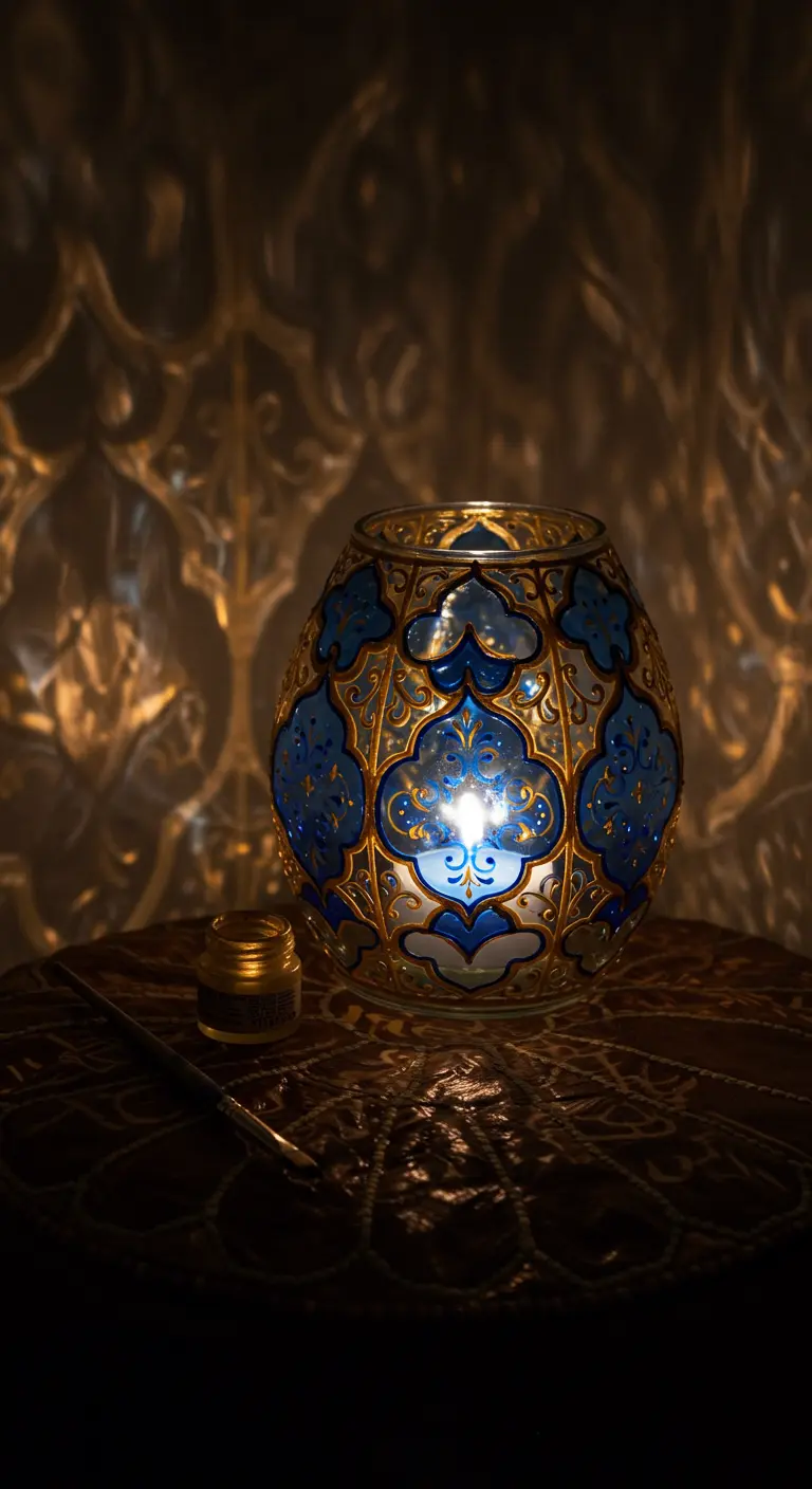 Portavelas esférico con un detallado patrón marroquí en azul y dorado, iluminado desde dentro.