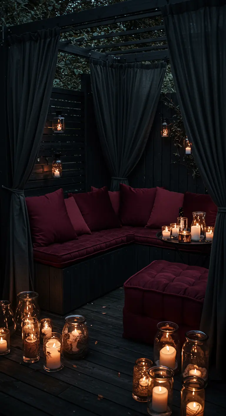 Cenador oscuro con cortinas negras, un sofá con cojines color vino y muchísimas velas encendidas
