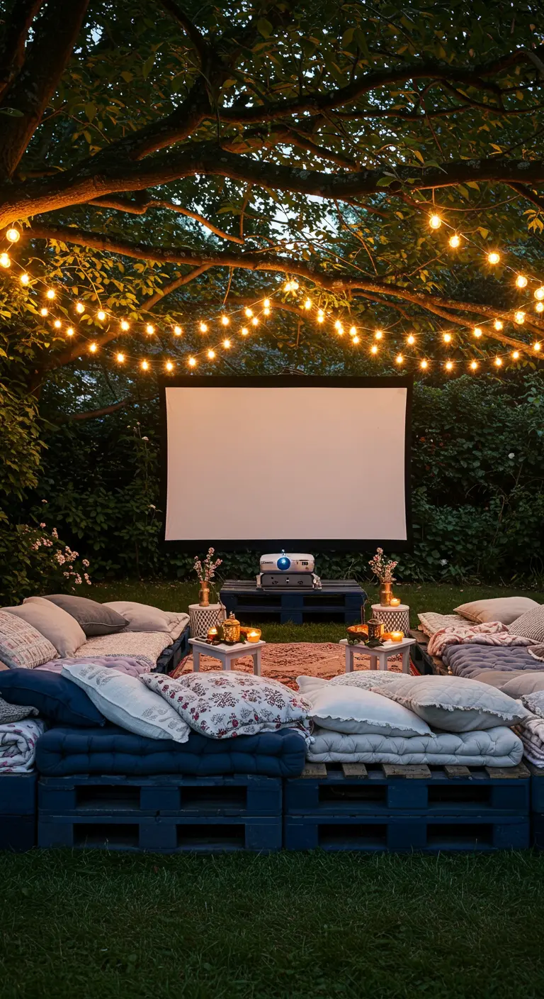 Cine de verano en el jardín con sofás de palets oscuros, muchos cojines, un proyector y luces colgantes.
