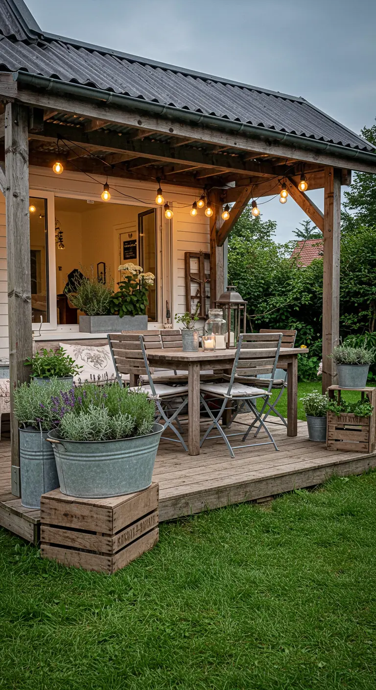 Porche de madera rústico con mesa, sillas y maceteros de metal galvanizado con lavanda.