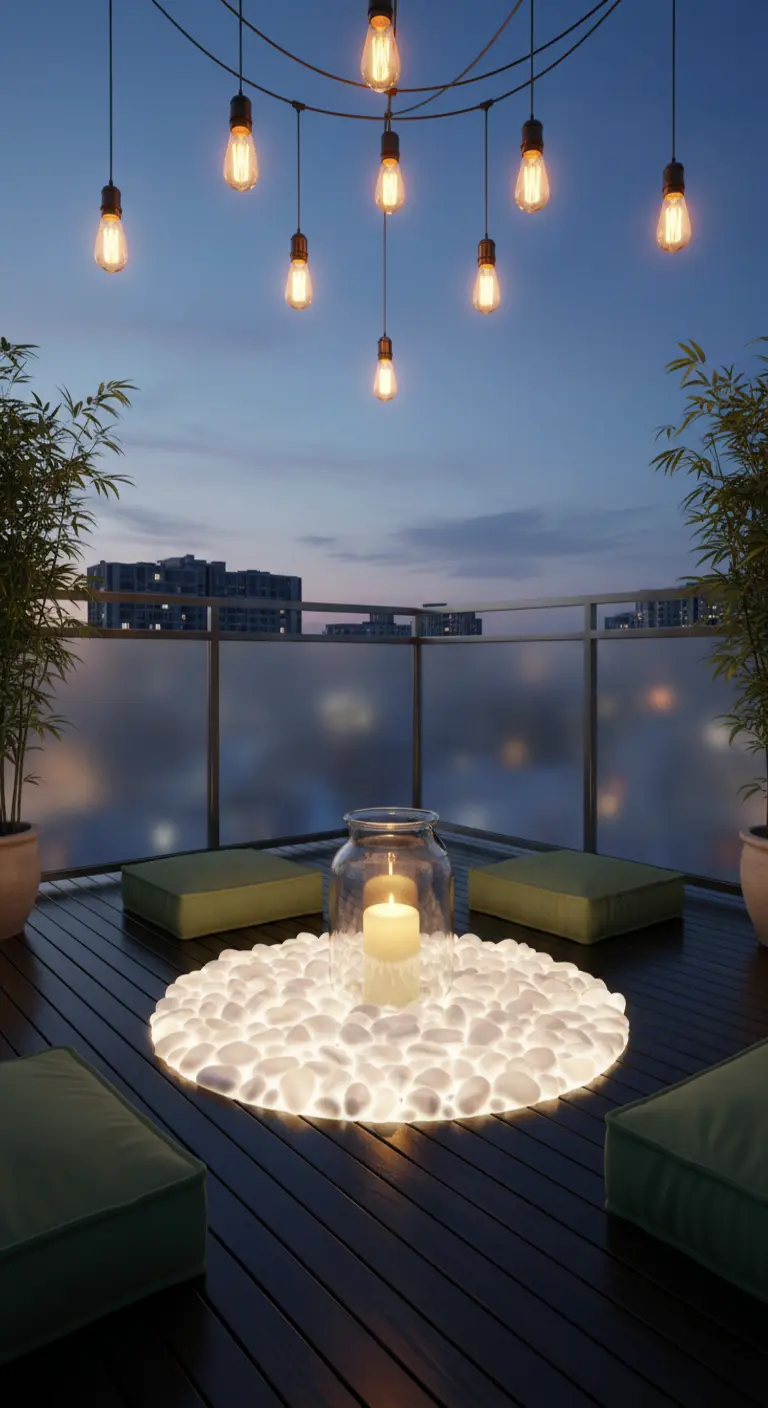 Balcón nocturno con un centro de mesa de piedras blancas iluminadas y guirnaldas de luces.