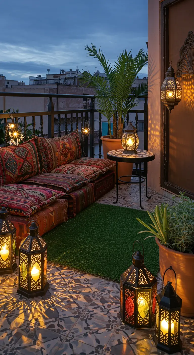 Balcón de estilo marroquí por la noche, con cojines en el suelo, palmeras y muchos farolillos encendidos