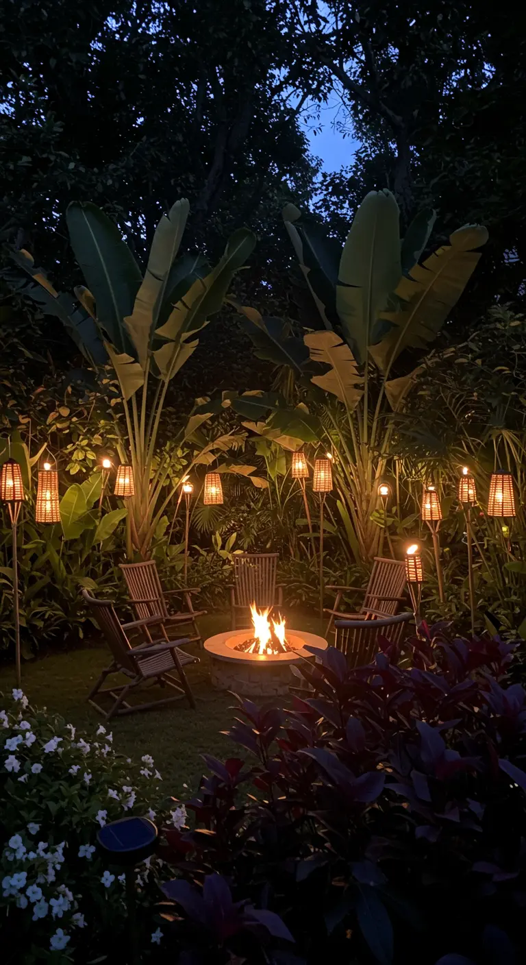 Zona de descanso nocturna en el jardín con un brasero encendido y antorchas iluminando las plantas.