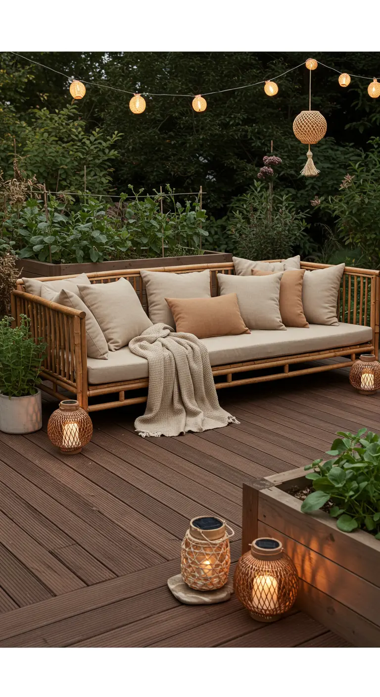 Terraza de madera con un sofá de bambú, cojines beige y múltiples farolillos solares encendidos