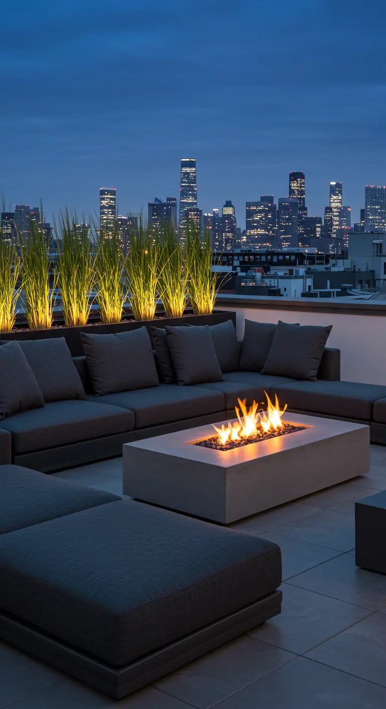 Azotea moderna con un sofá modular gris, una hoguera central y plantas iluminadas de fondo