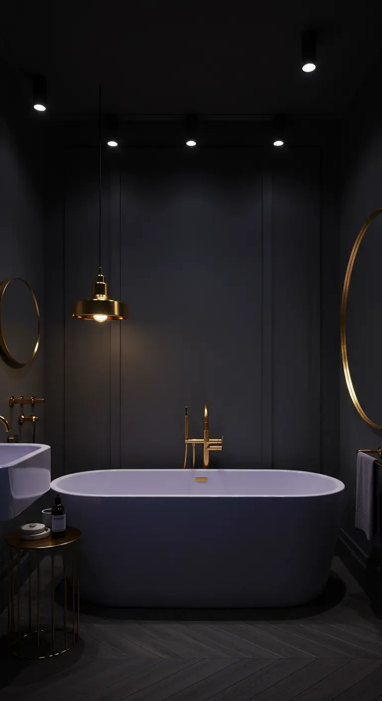 Baño oscuro y elegante con bañera exenta color lavanda y detalles dorados.