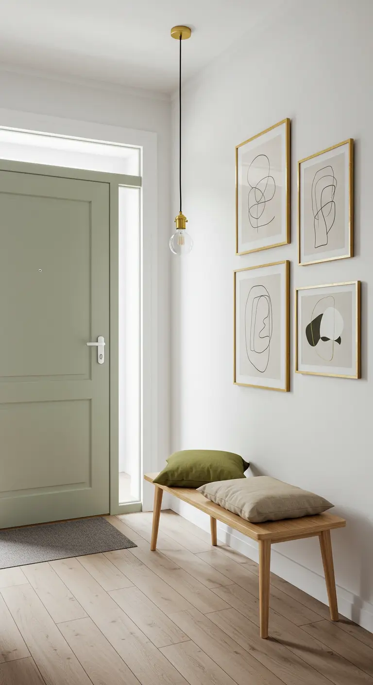Recibidor escandinavo con puerta verde, banco de madera y cuadros dorados.