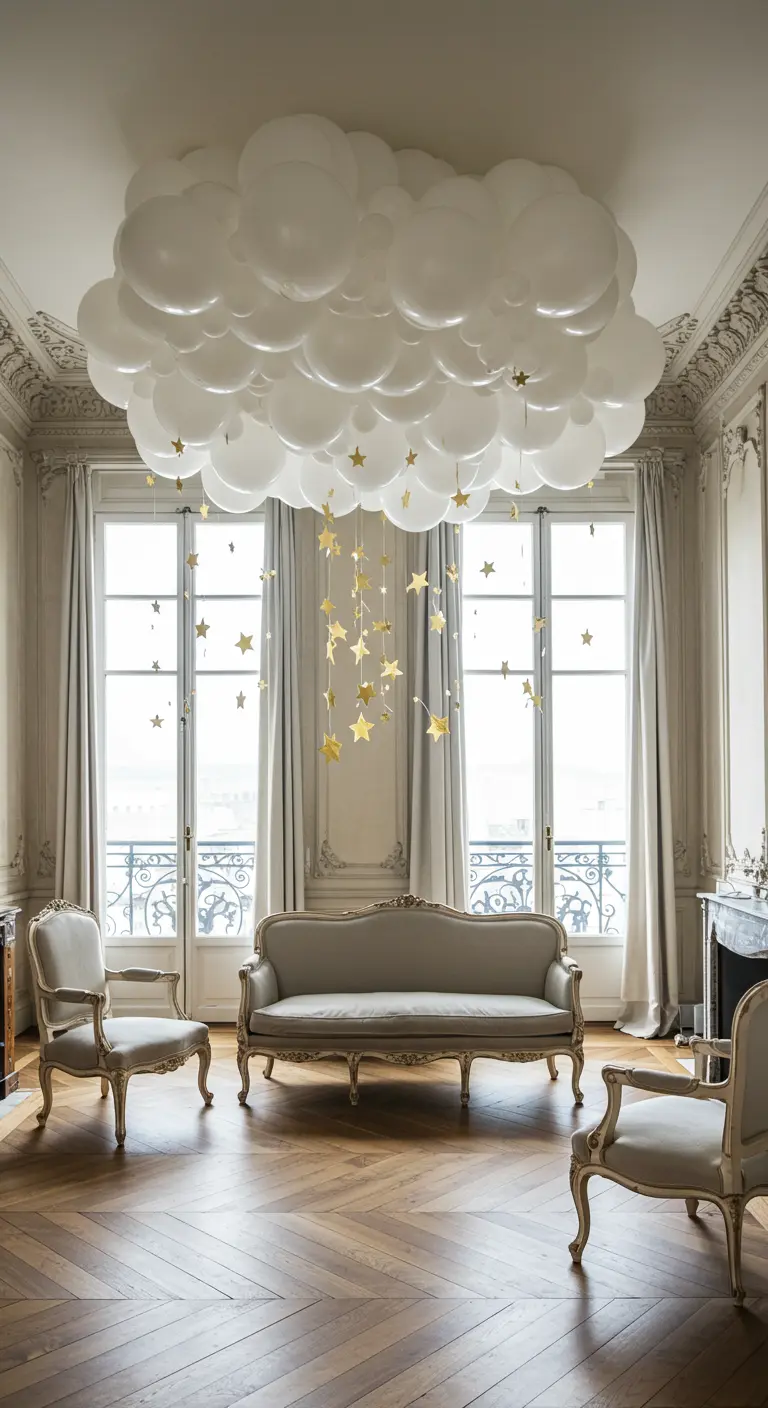 Nube de globos blancos en un salón parisino con estrellas doradas colgando.