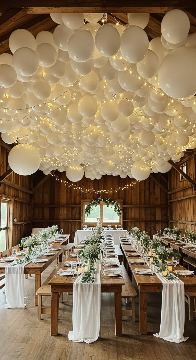 Techo de un granero rústico cubierto de globos blancos y guirnaldas de luces cálidas.