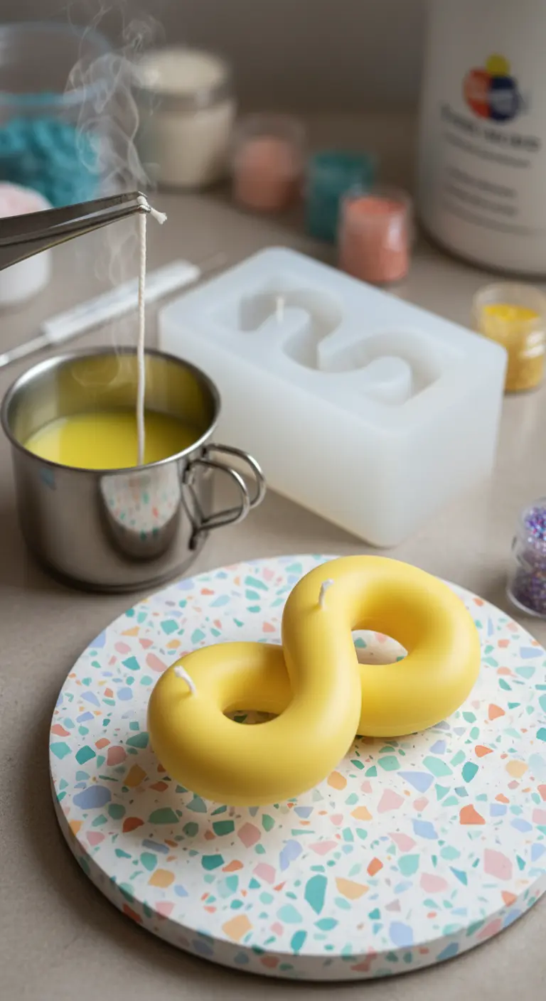 Vela casera amarilla con forma de nudo abstracto sobre una base de terrazo de colores