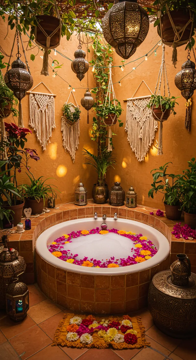 Baño bohemio con azulejos de terracota, plantas colgantes, macramé y farolillos marroquíes.