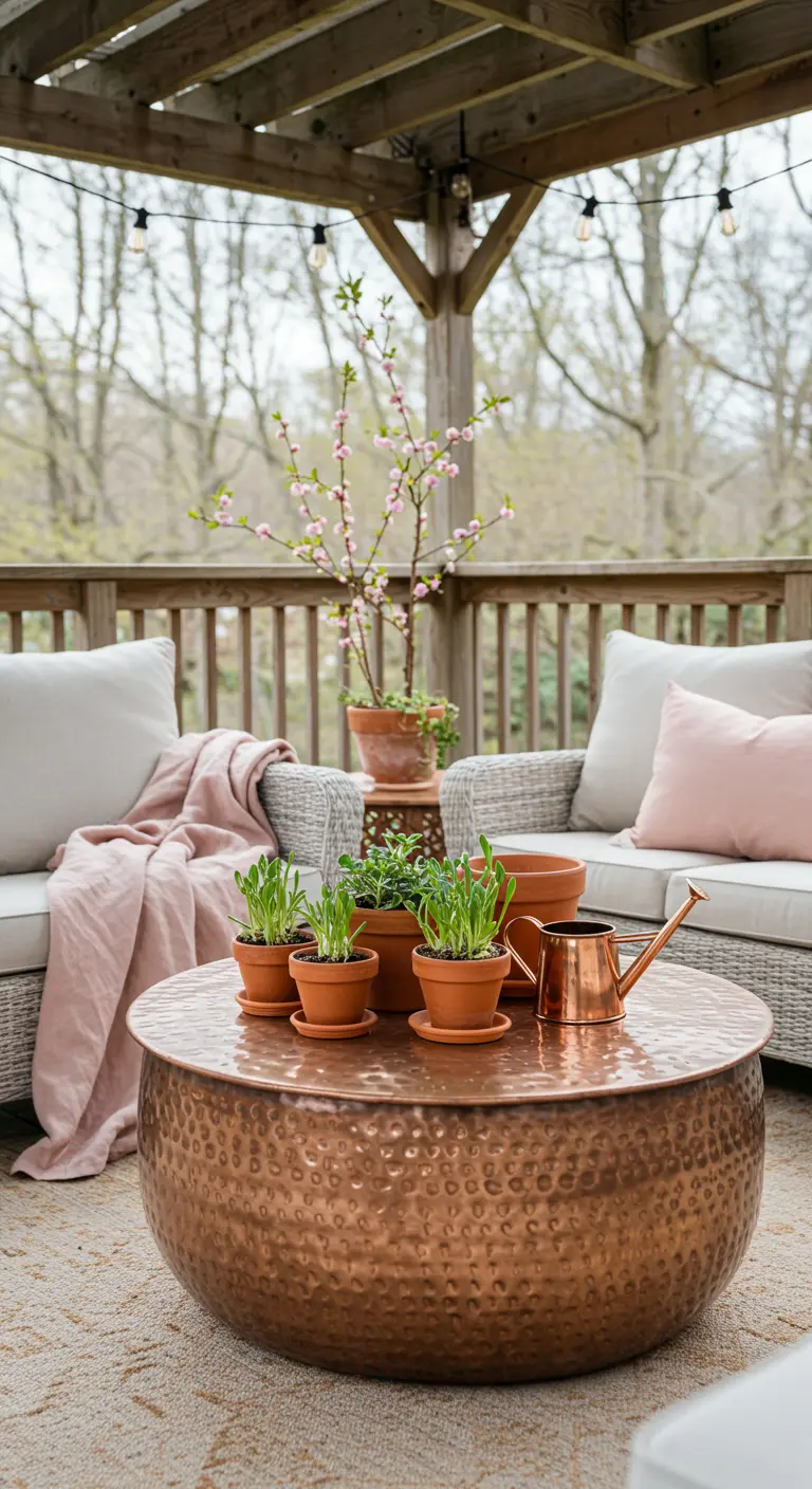 Mesa de centro redonda de cobre martillado en un porche con pequeñas macetas de terracota.