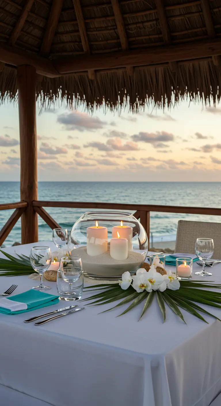 Centro de mesa playero con velas en un cuenco con arena y orquídeas blancas.