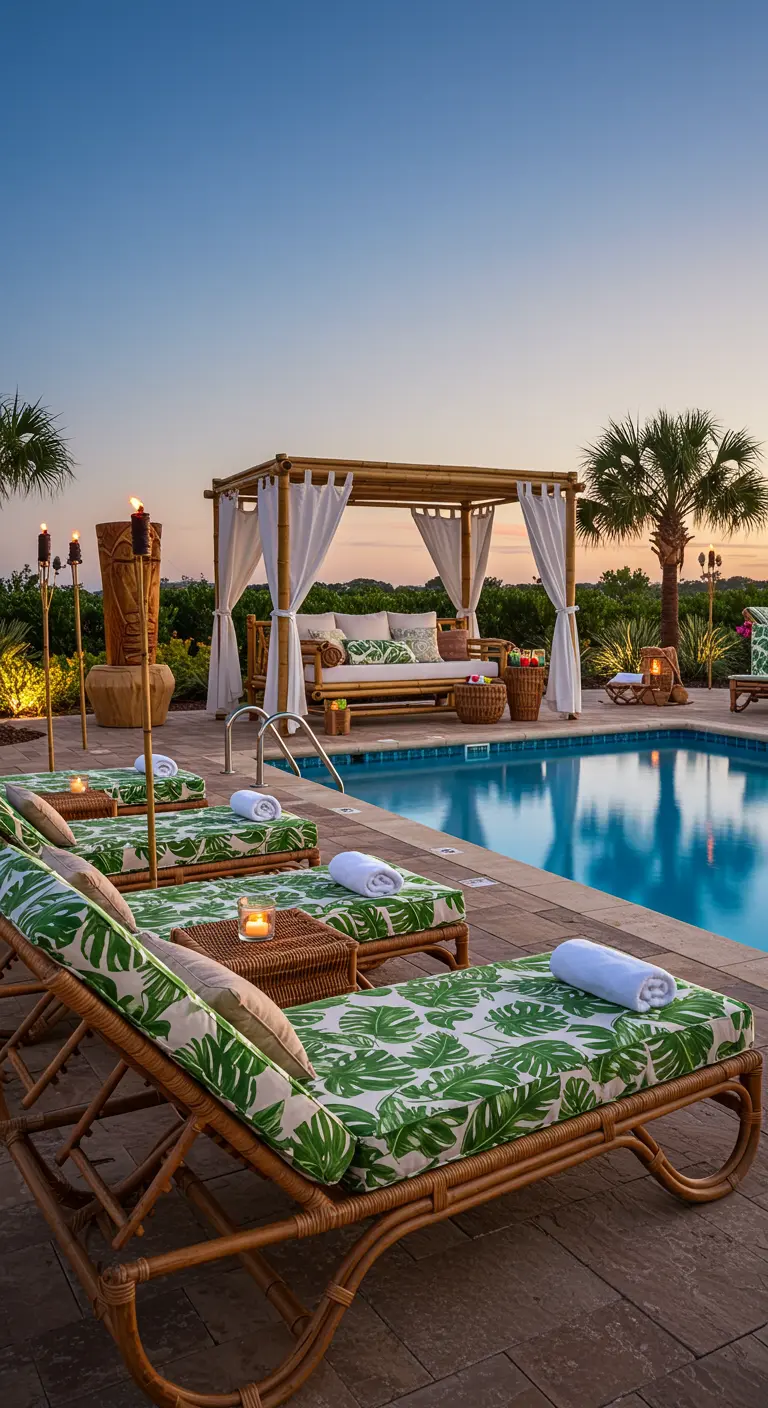 Piscina rodeada de tumbonas con cojines de hojas de palmera y un dosel de bambú.