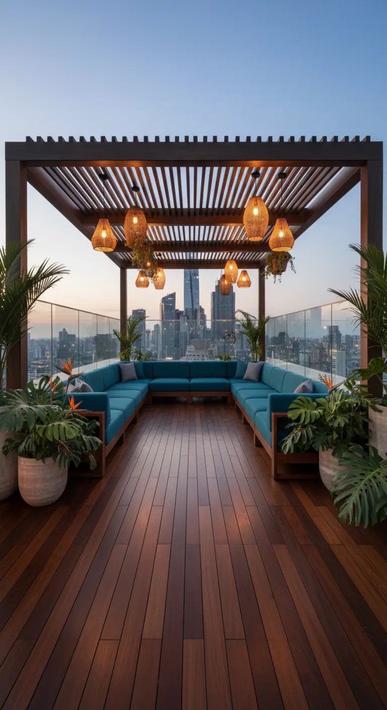Rooftop con pérgola de madera, sofá modular azul turquesa y plantas tropicales con vistas a la ciudad