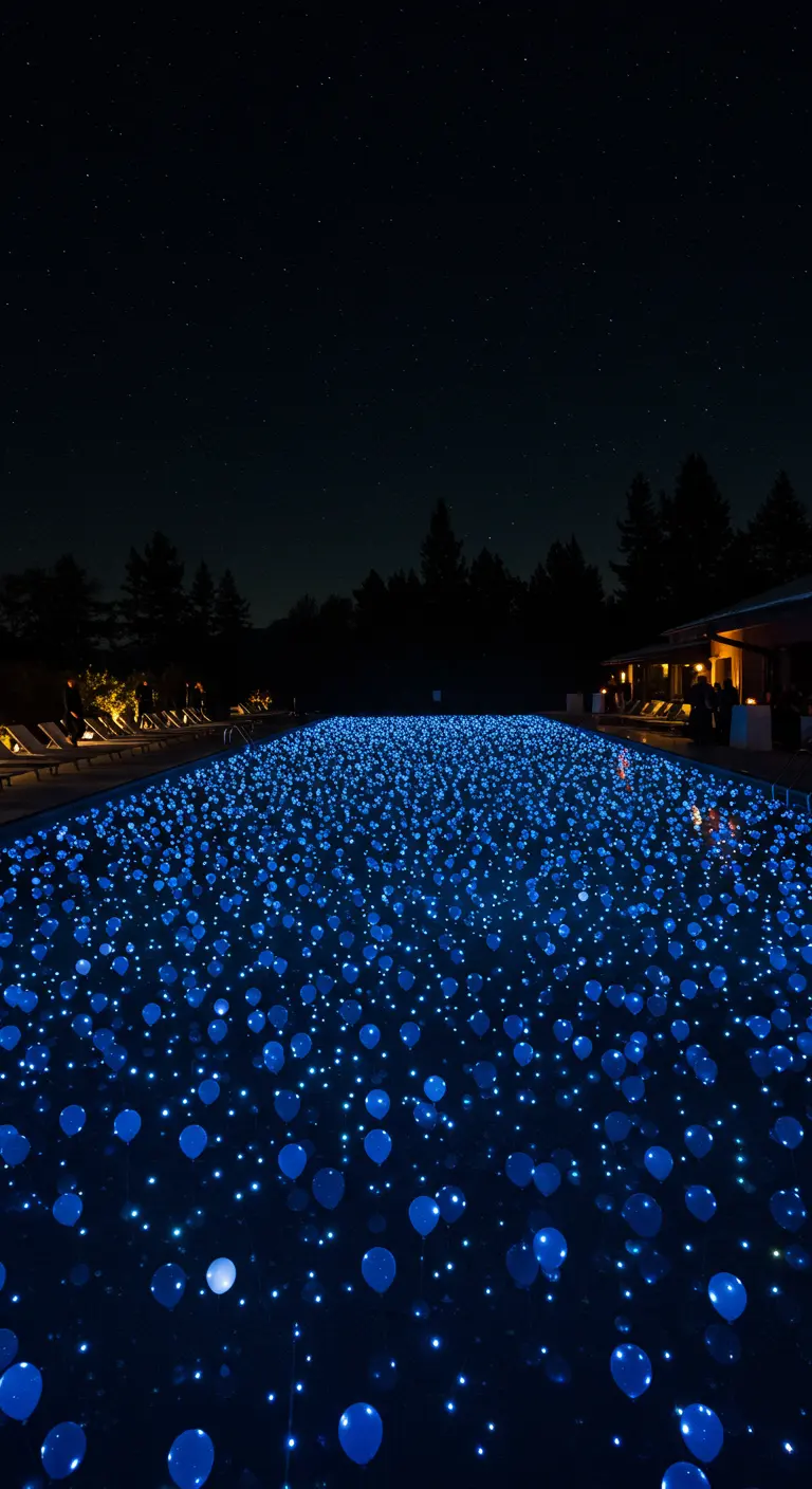 Una piscina enorme completamente cubierta por cientos de pequeños globos LED azules por la noche.