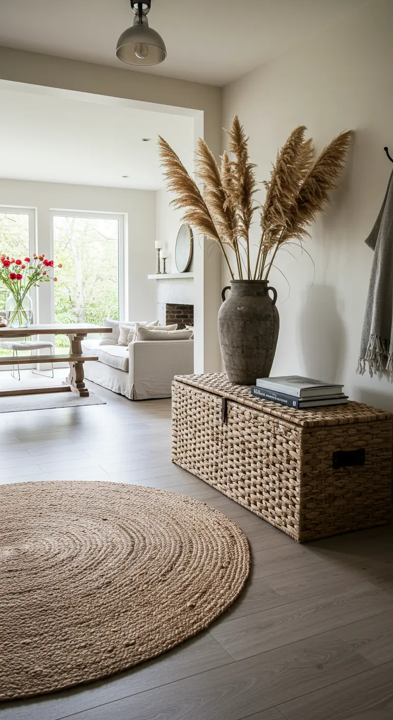 Rincón de recibidor con baúl de mimbre, jarrón con pampas y alfombra redonda de yute.