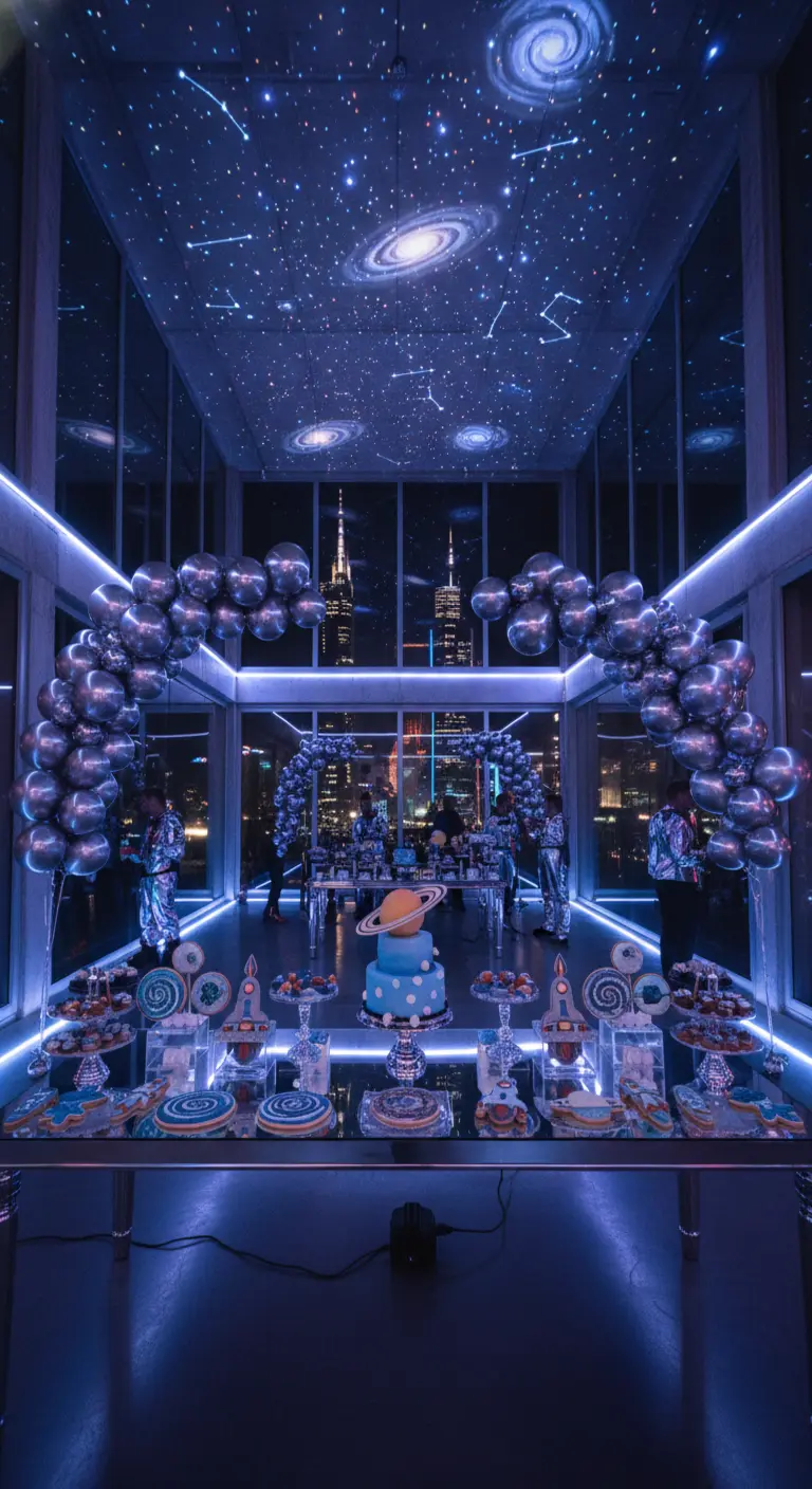 Fiesta temática espacial con un techo que proyecta galaxias y una mesa llena de dulces.