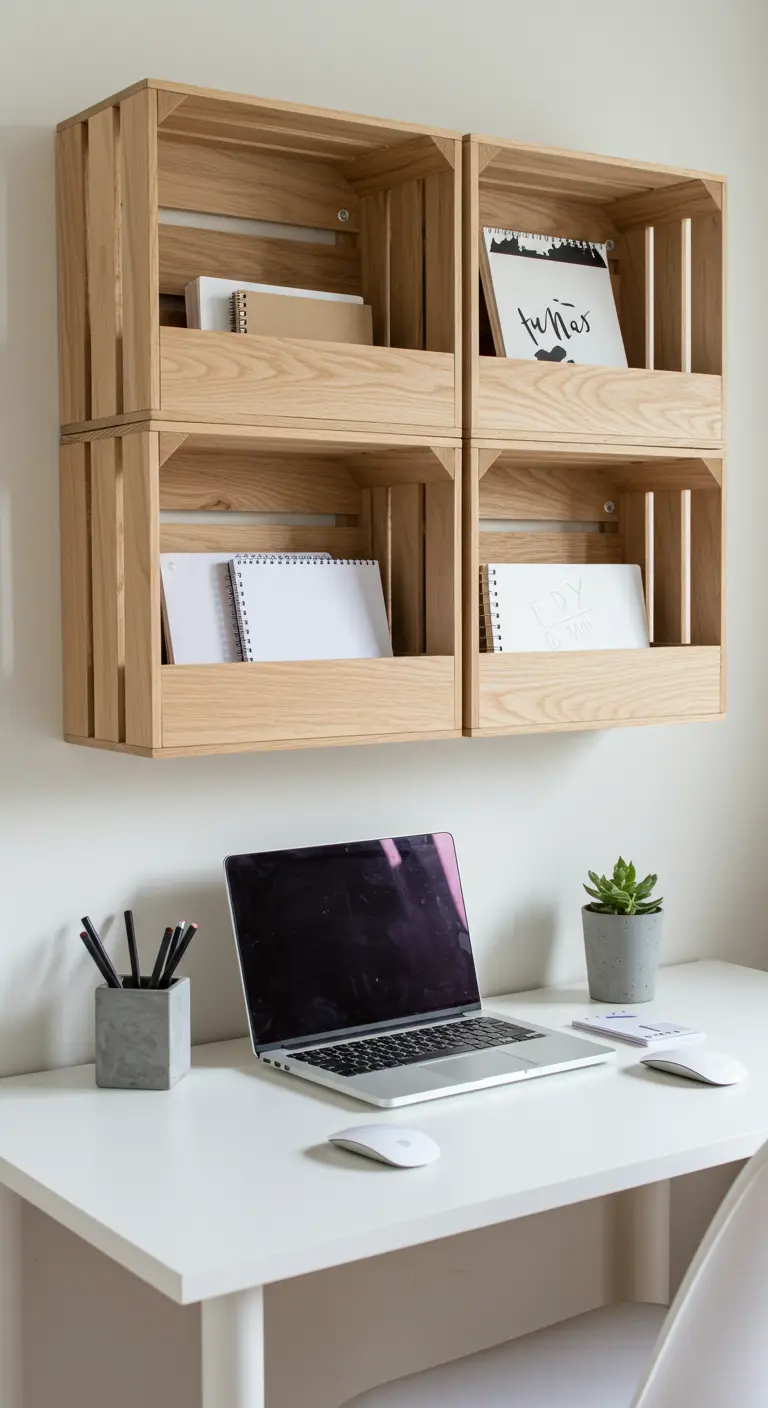 Dos pares de cajas de madera de pino claro como estanterías sobre un escritorio blanco moderno.