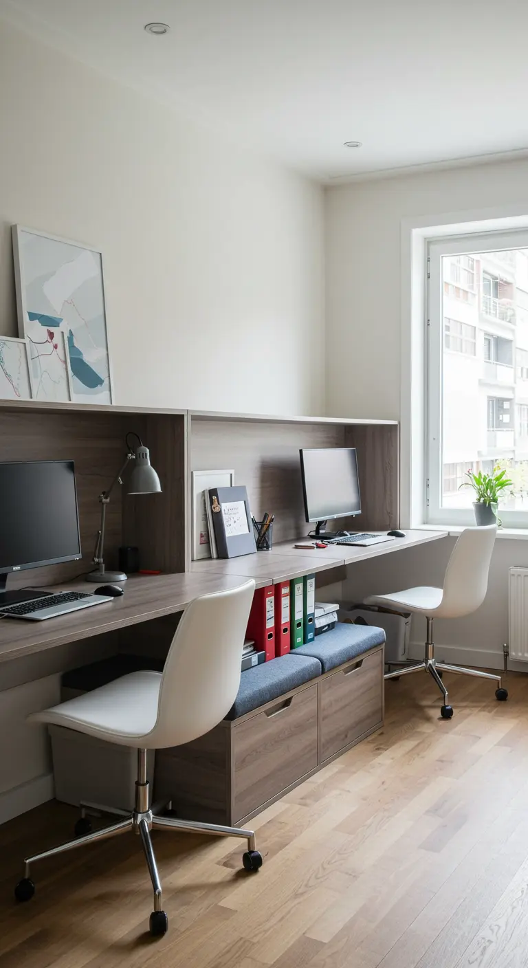 Dos bancos con almacenamiento sirven de asiento en un largo escritorio compartido por dos personas.