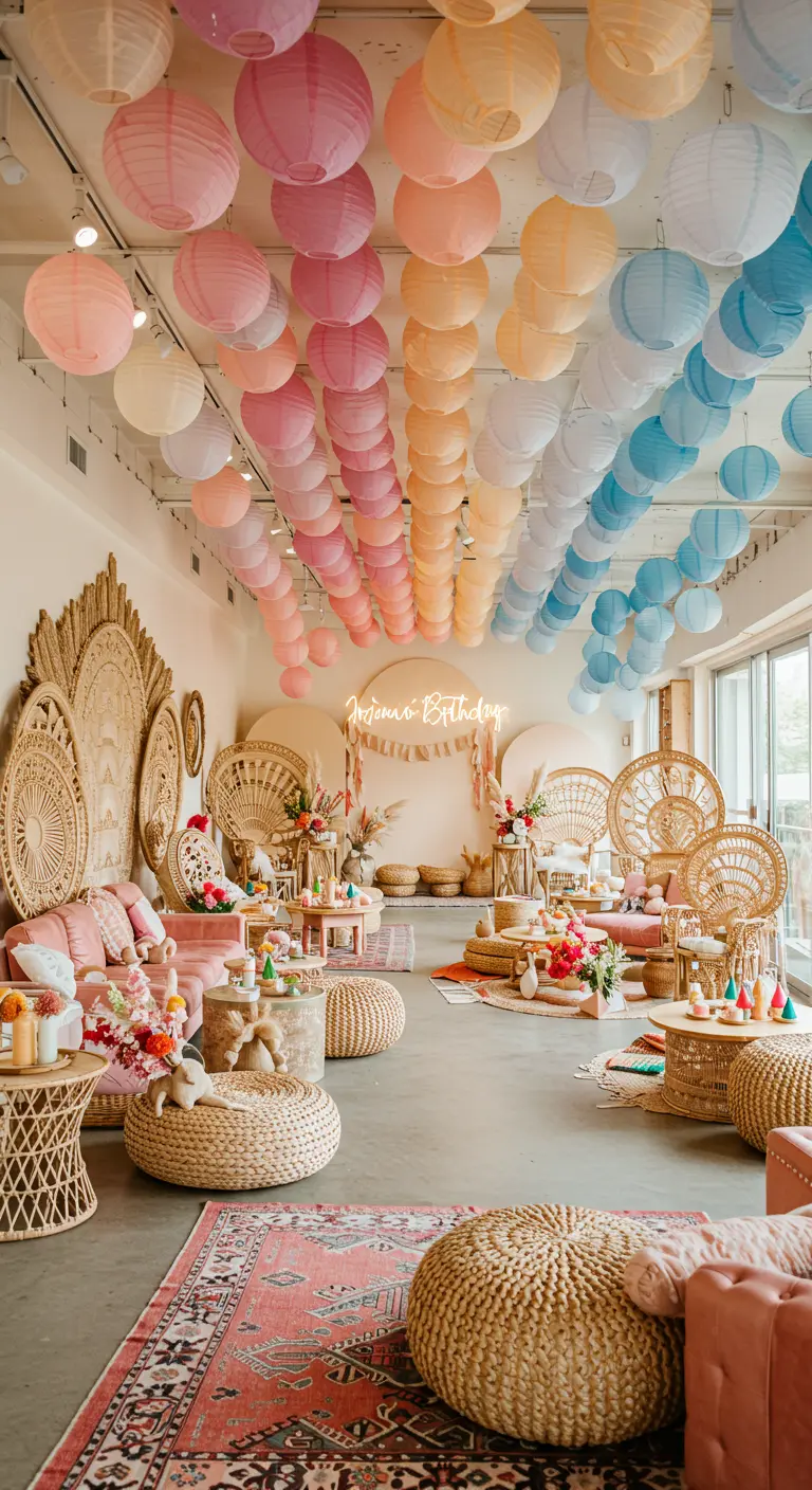 Gran sala de fiestas con el techo cubierto de farolillos de papel en degradado arcoíris.