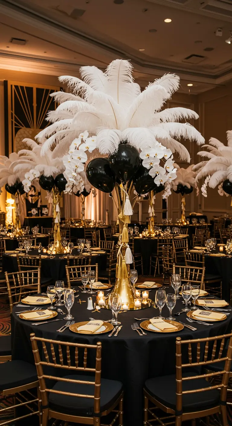 Centro de mesa estilo Gran Gatsby con plumas de avestruz, orquídeas y globos negros.