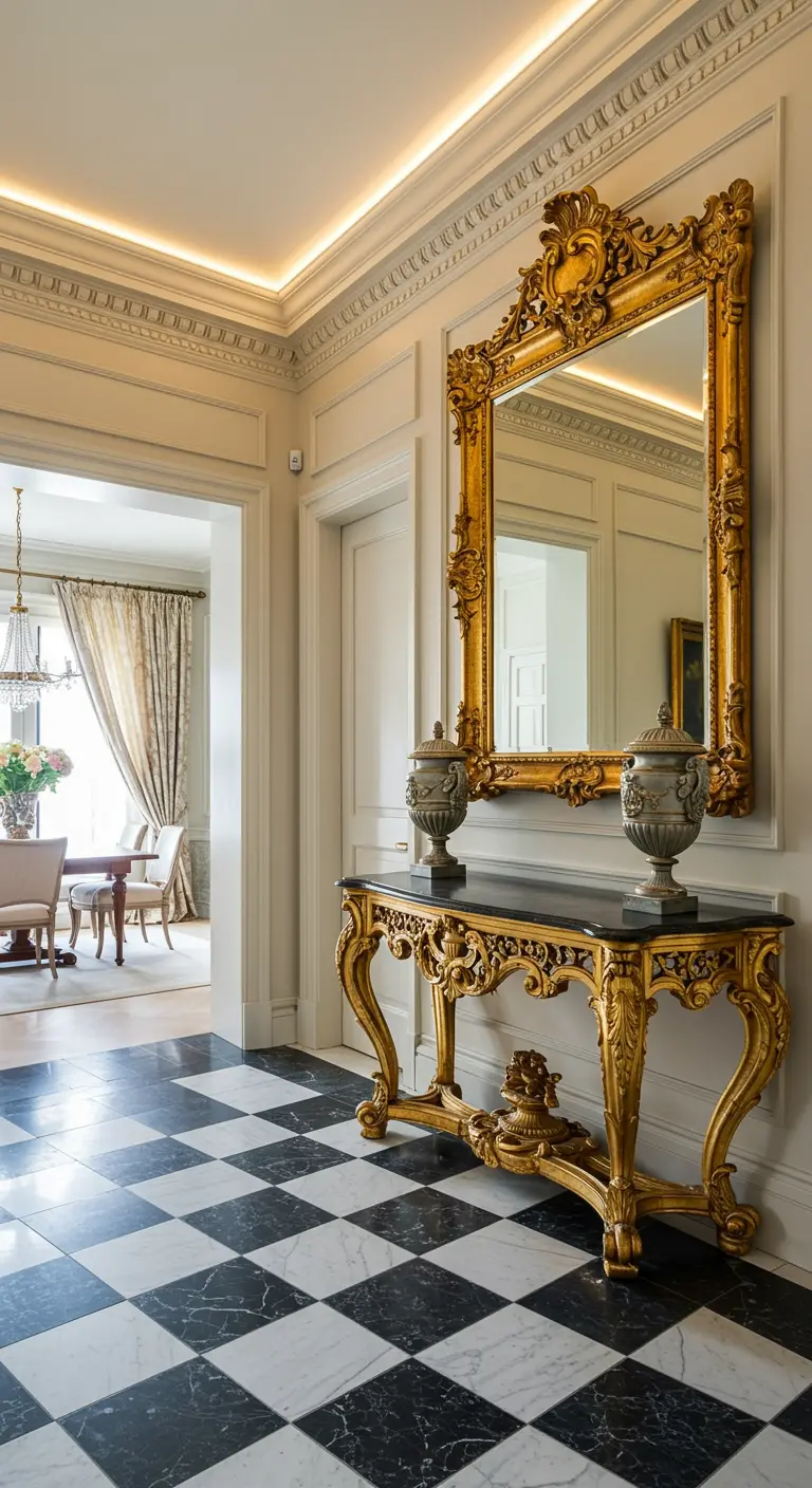 Entrada de estilo barroco con suelo de damero, consola y espejo dorados muy ornamentados.