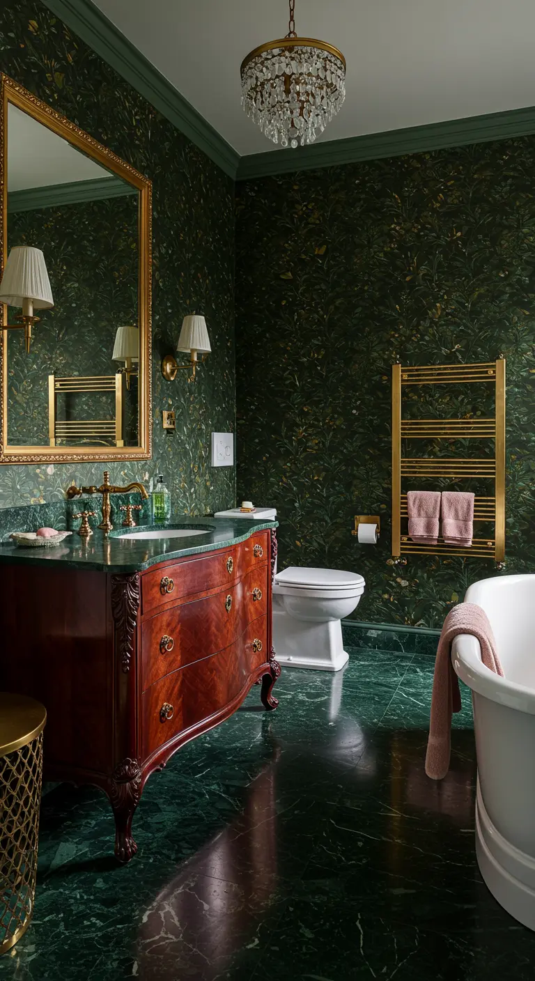 Baño de lujo con mármol verde, papel pintado botánico, mueble antiguo y candelabro.