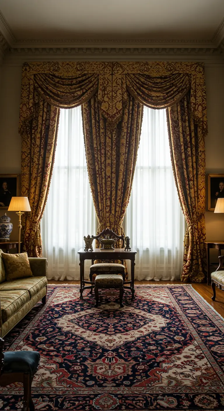 Cortinas tradicionales con un elaborado estampado y cenefa en una sala de estar clásica.