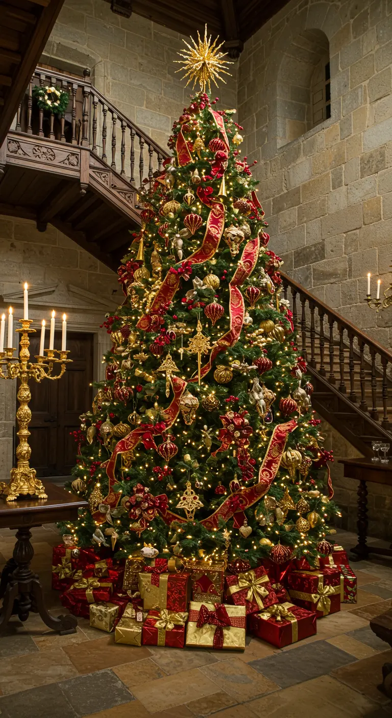 Árbol de Navidad enorme y muy decorado en la base de una escalera de madera en un castillo.