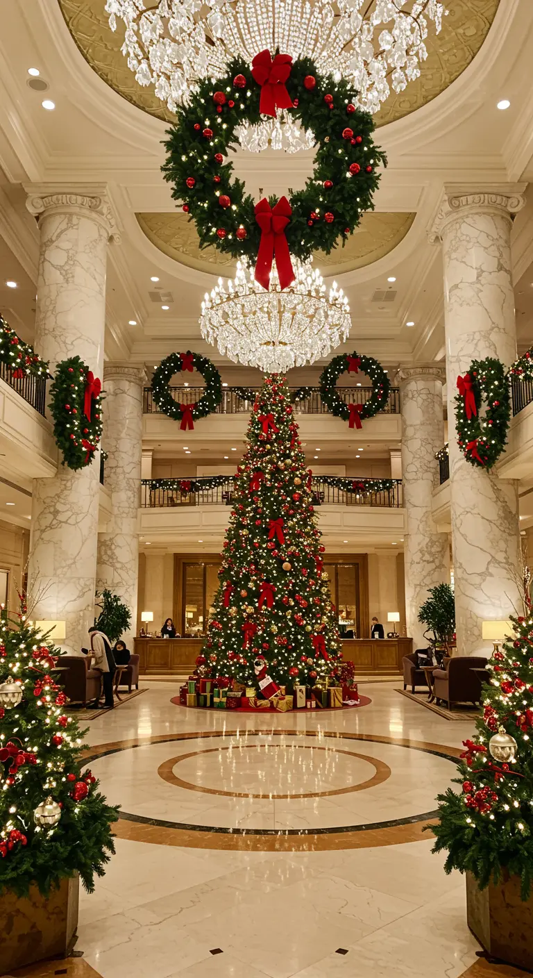 Lujoso vestíbulo de hotel con un enorme árbol de Navidad y múltiples coronas gigantes.