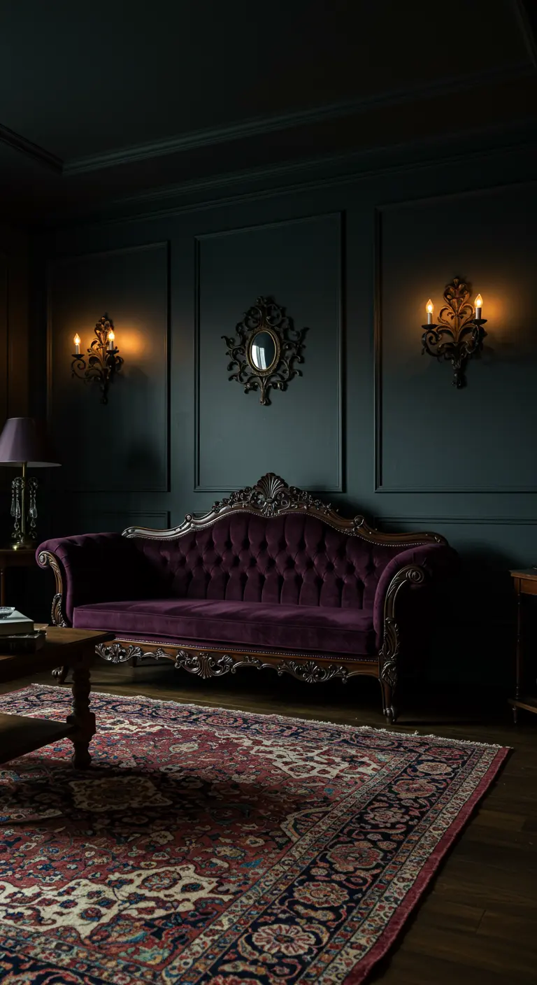 Sala de estar oscura con sofá de terciopelo morado de estilo victoriano y apliques de pared.