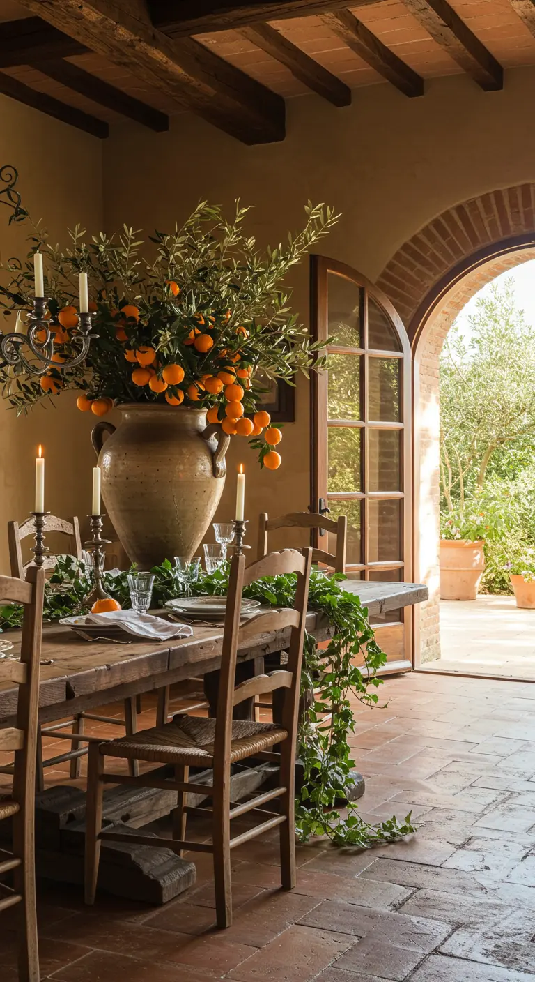 Gran jarrón de terracota con ramas de naranjo como centro de mesa en un comedor toscano.