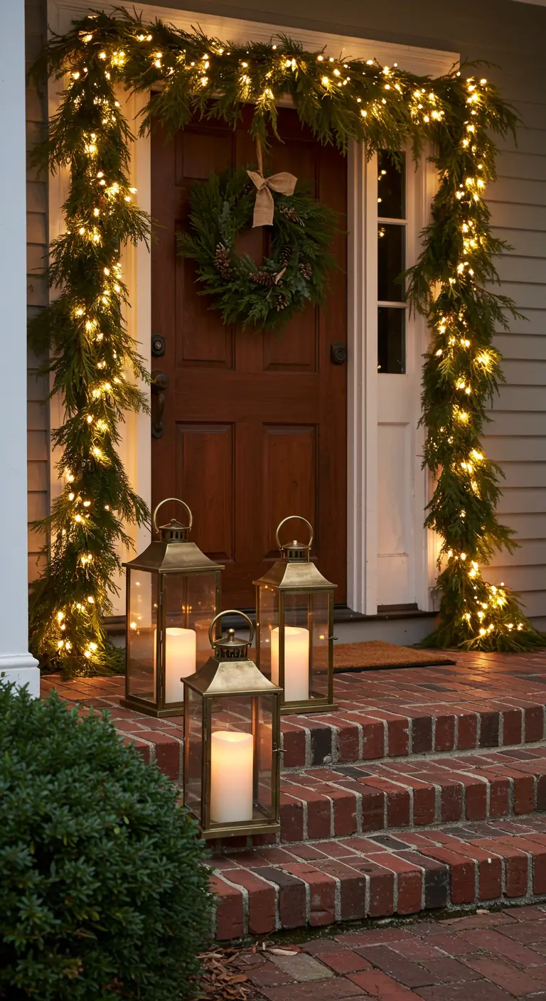 Entrada con puerta de madera enmarcada por una frondosa guirnalda iluminada y faroles de latón.
