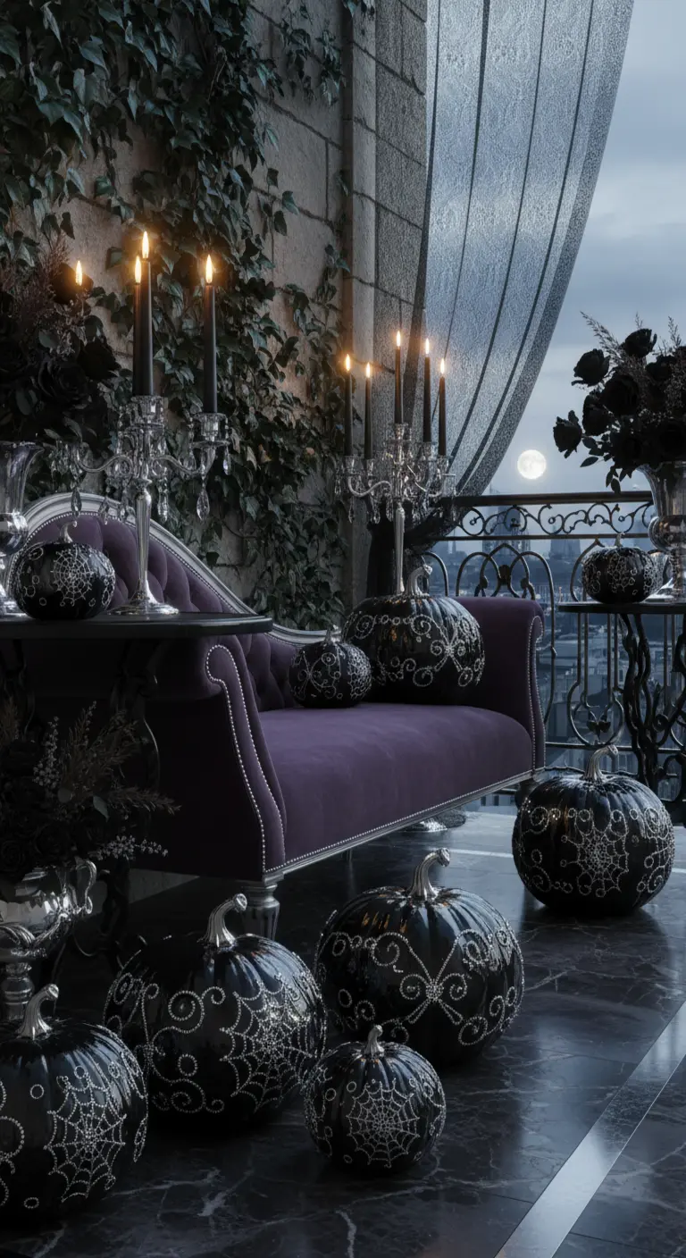 Balcón lujoso con sofá de terciopelo morado y calabazas negras decoradas con joyas.