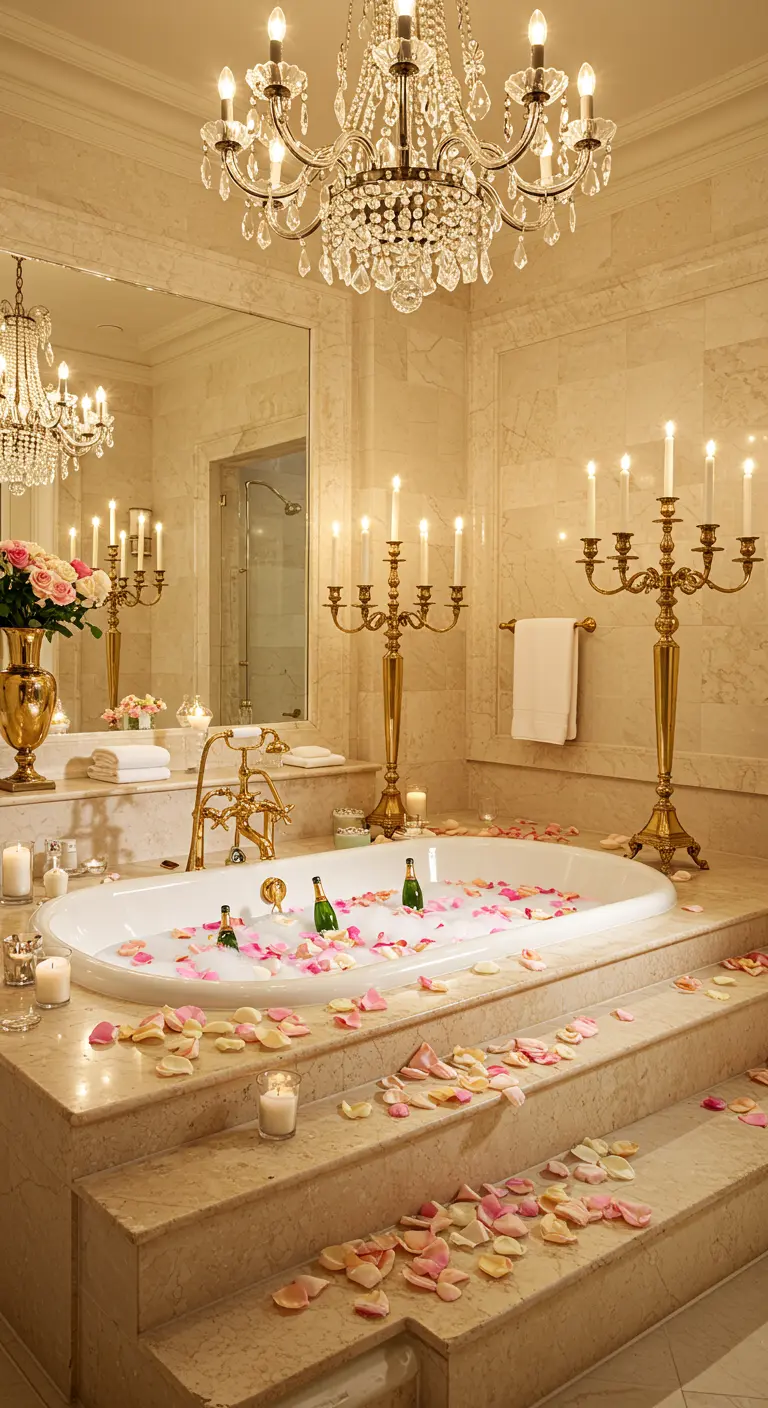 Bañera de mármol elevada, con candelabros dorados, pétalos de rosa y botellas de champán.