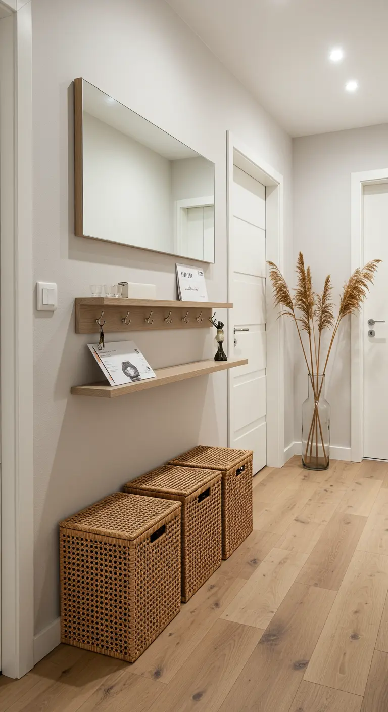 Pasillo estrecho con estantes flotantes, cestas de ratán con tapa en el suelo y un jarrón alto.