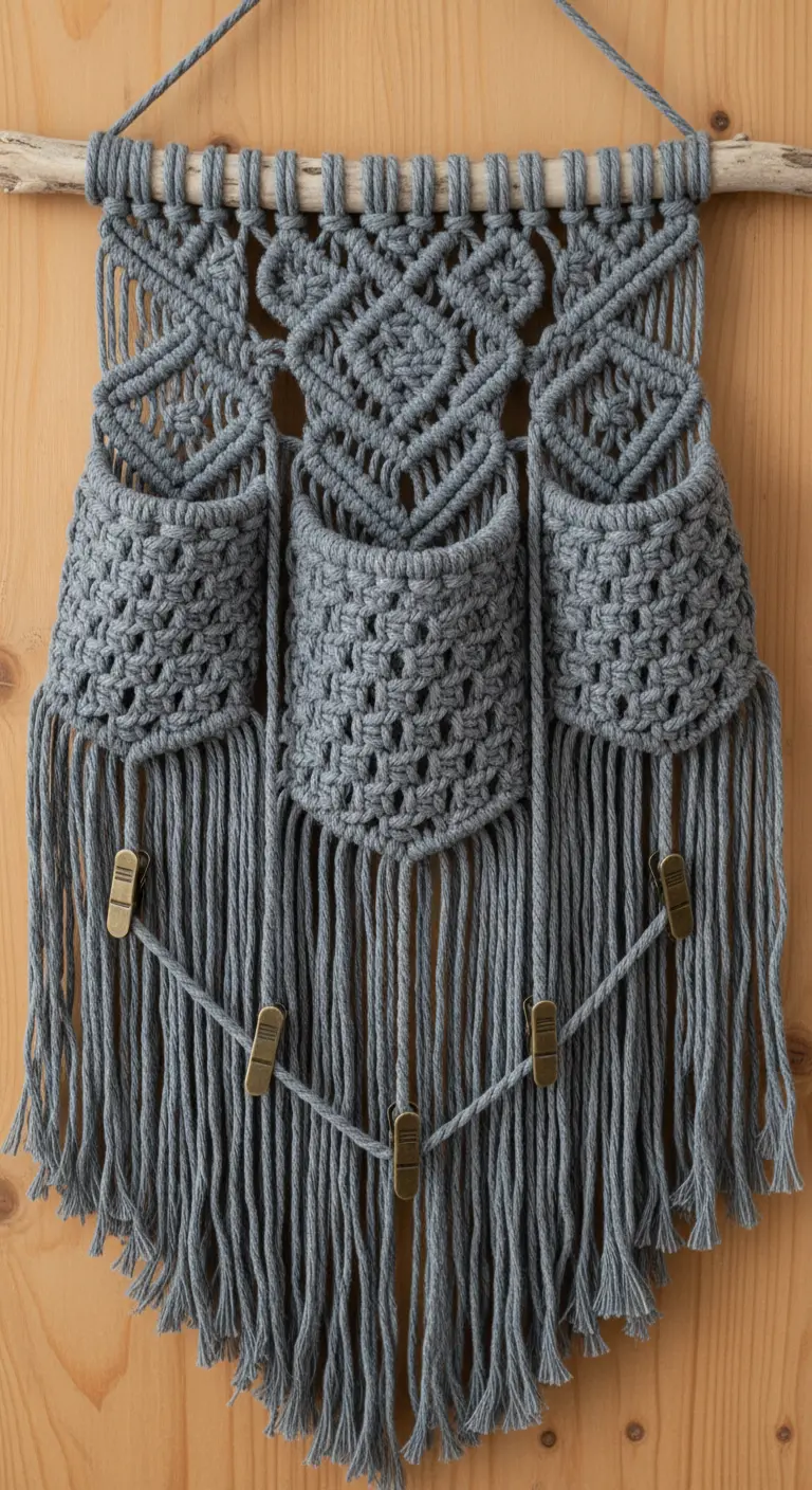 Organizador de pared de macramé gris con tres bolsillos y una cuerda para colgar fotos.