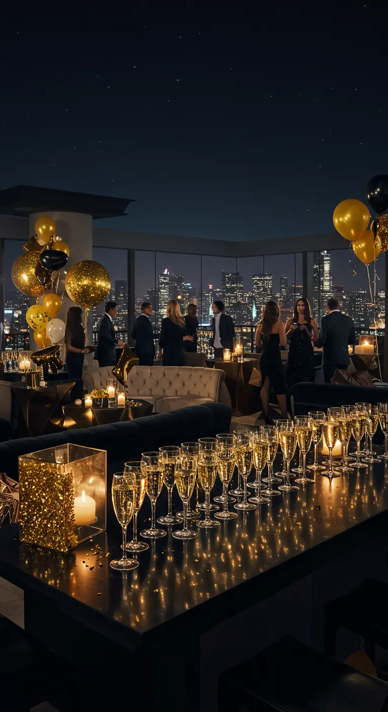 Copas de champán alineadas en una barra de azotea con globos dorados y negros de fondo.