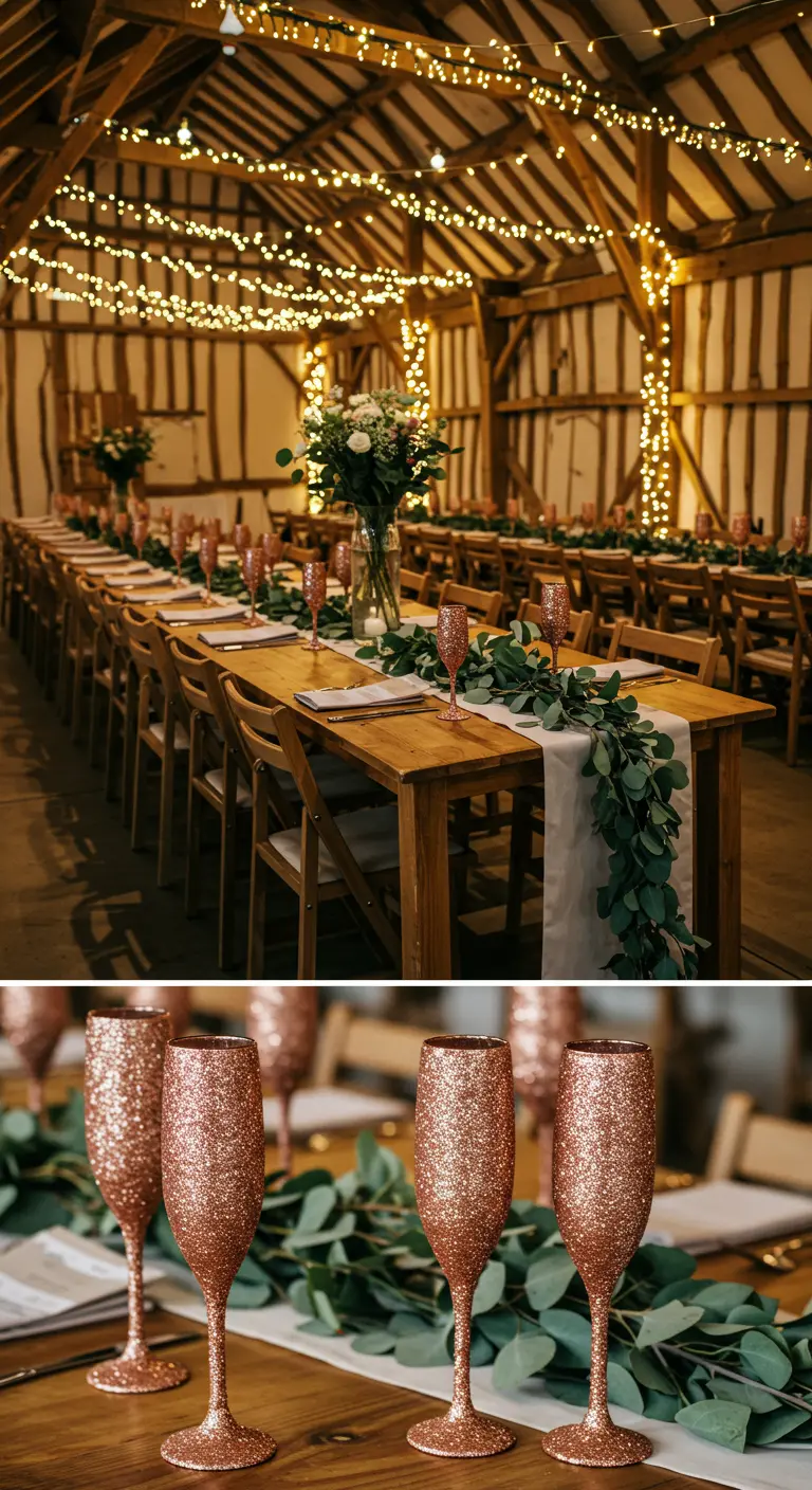 Copas de champán de oro rosa con purpurina en una larga mesa de madera rústica.