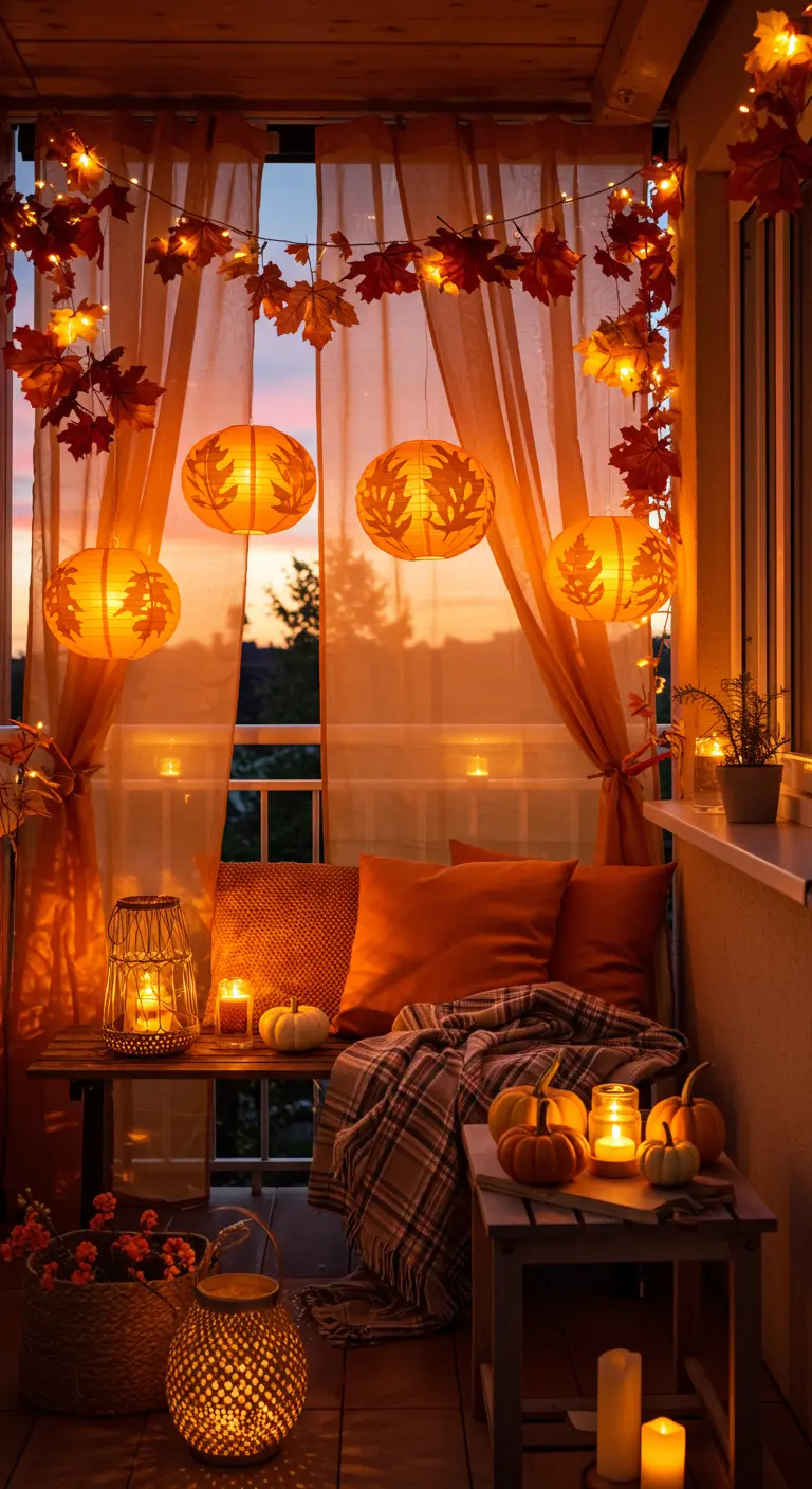 Balcón otoñal con cortinas naranjas, guirnalda de hojas, farolillos, calabazas y mantas.