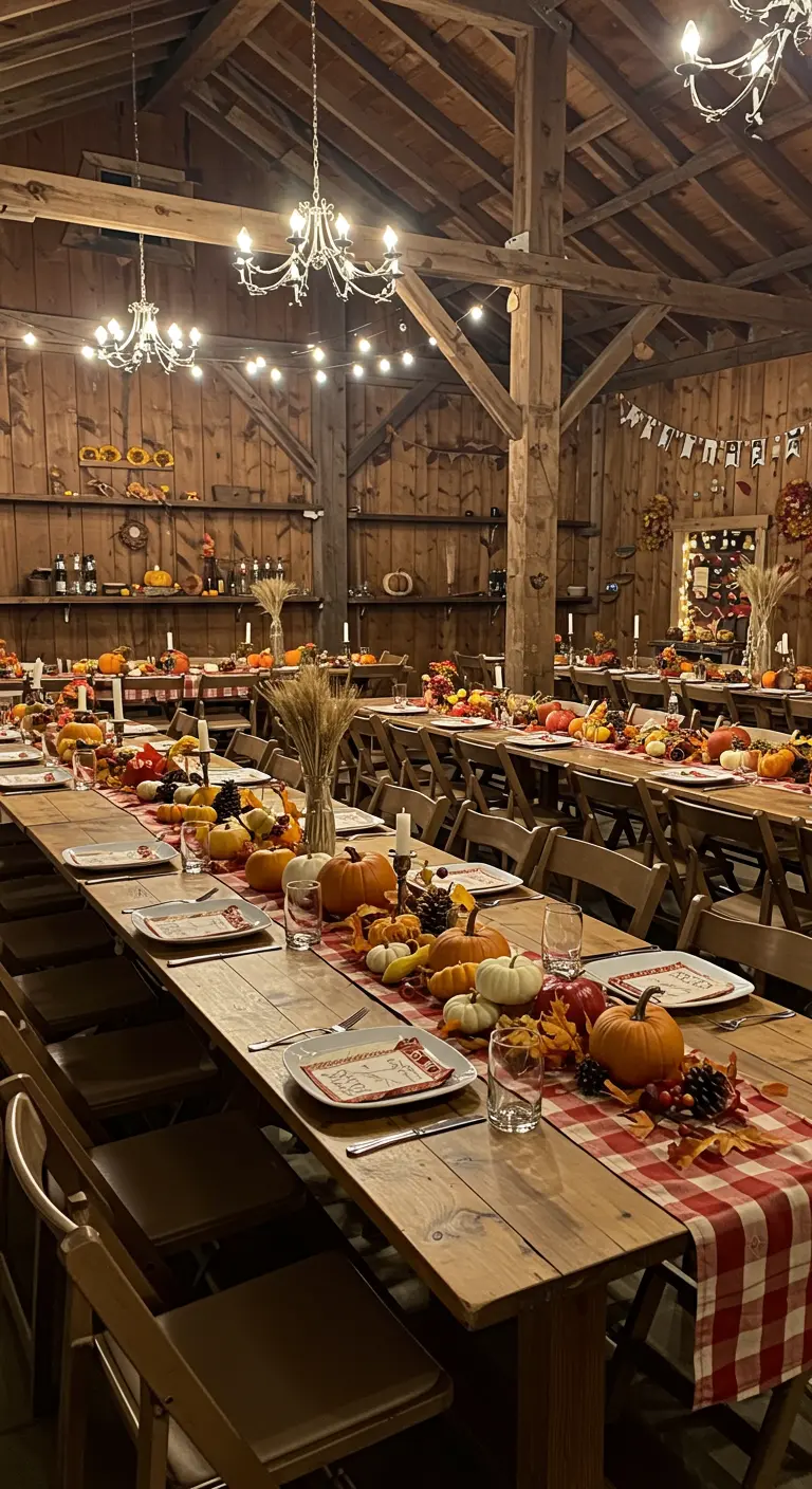 Mesas largas en un granero decoradas para una fiesta de otoño con calabazas y manteles de cuadros.