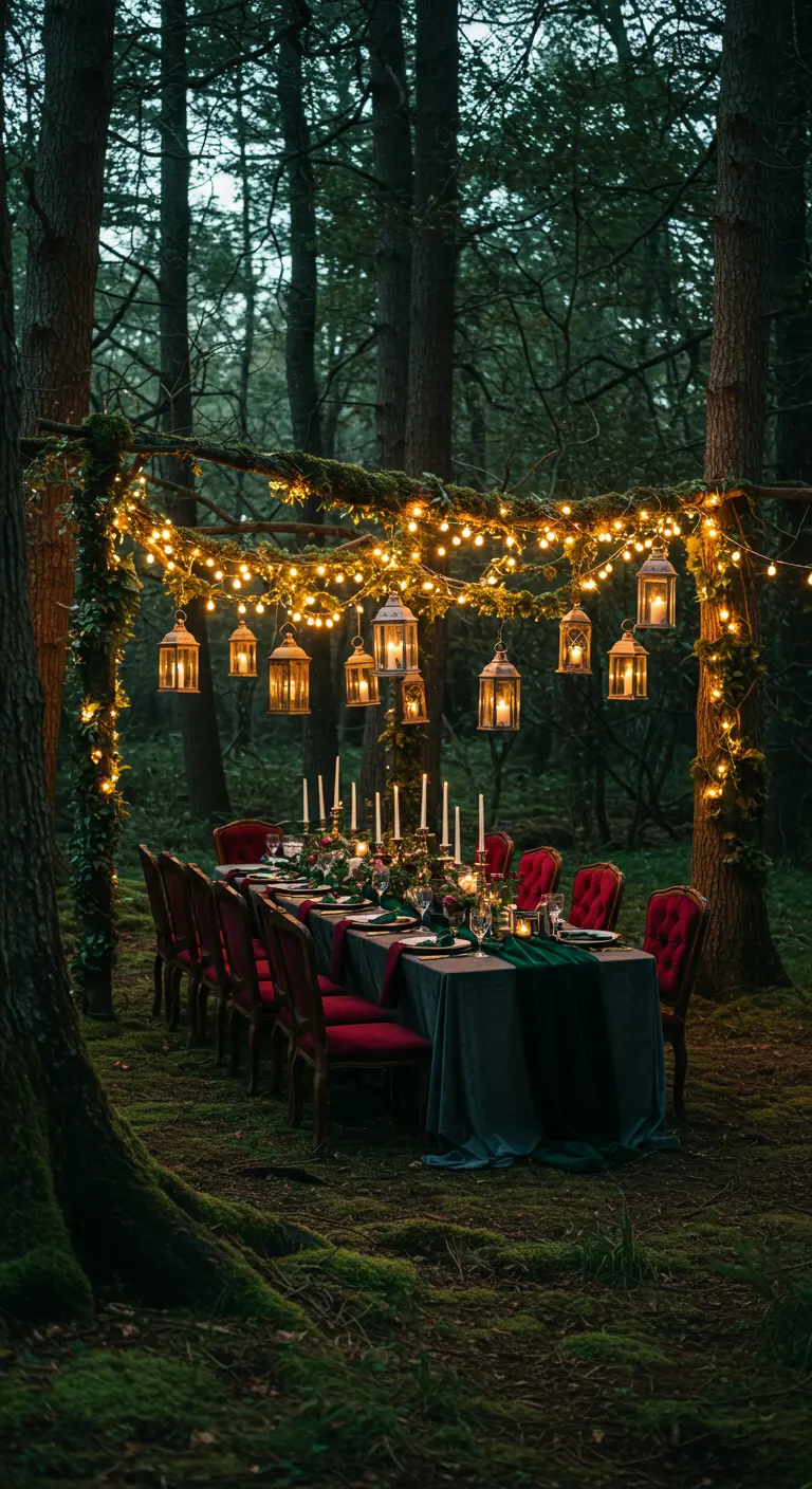Mesa puesta para una cena en el bosque por la noche, iluminada con farolillos y guirnaldas.