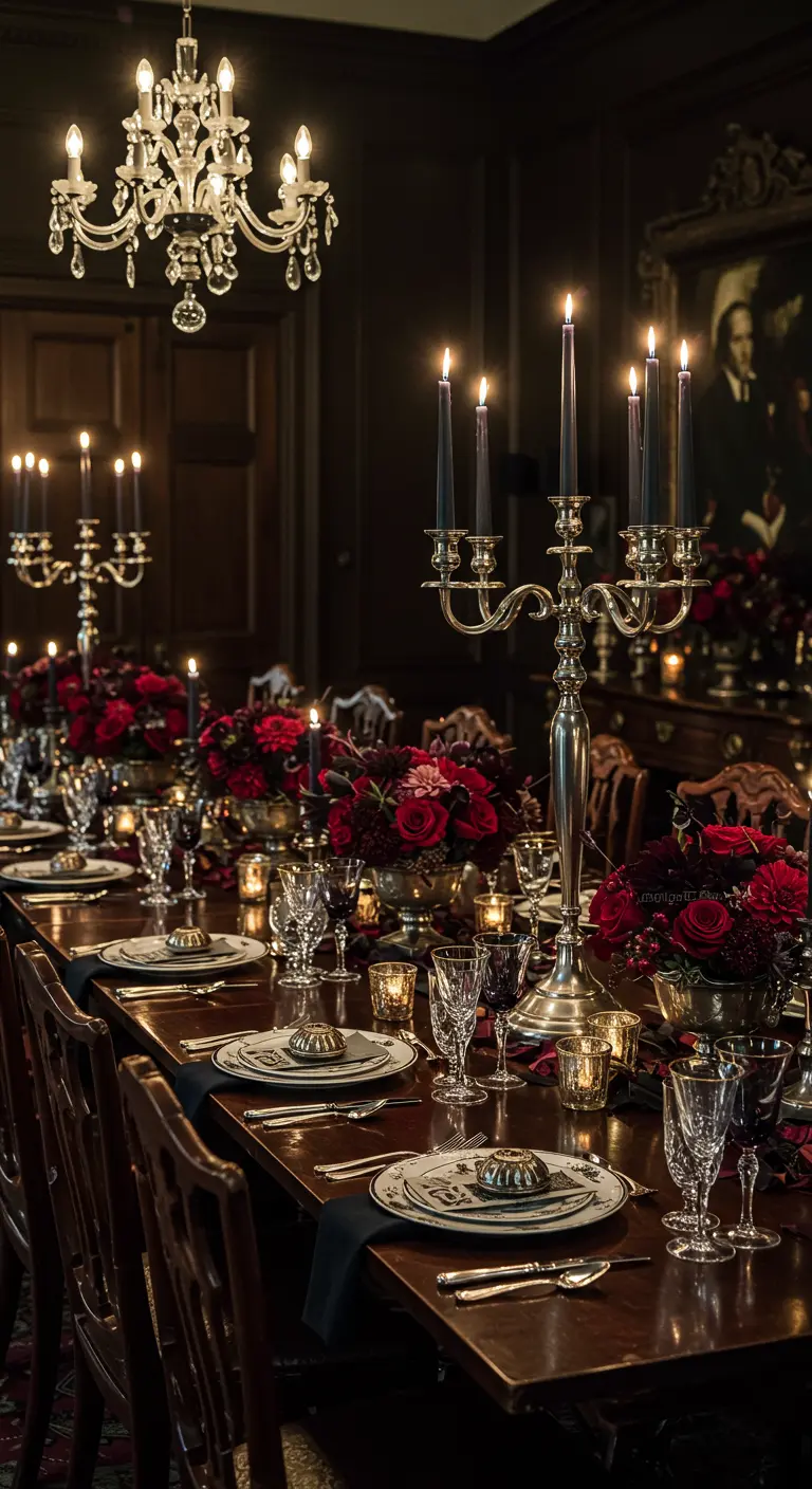 Mesa de comedor de estilo gótico con candelabros, velas negras y arreglos de rosas rojas.