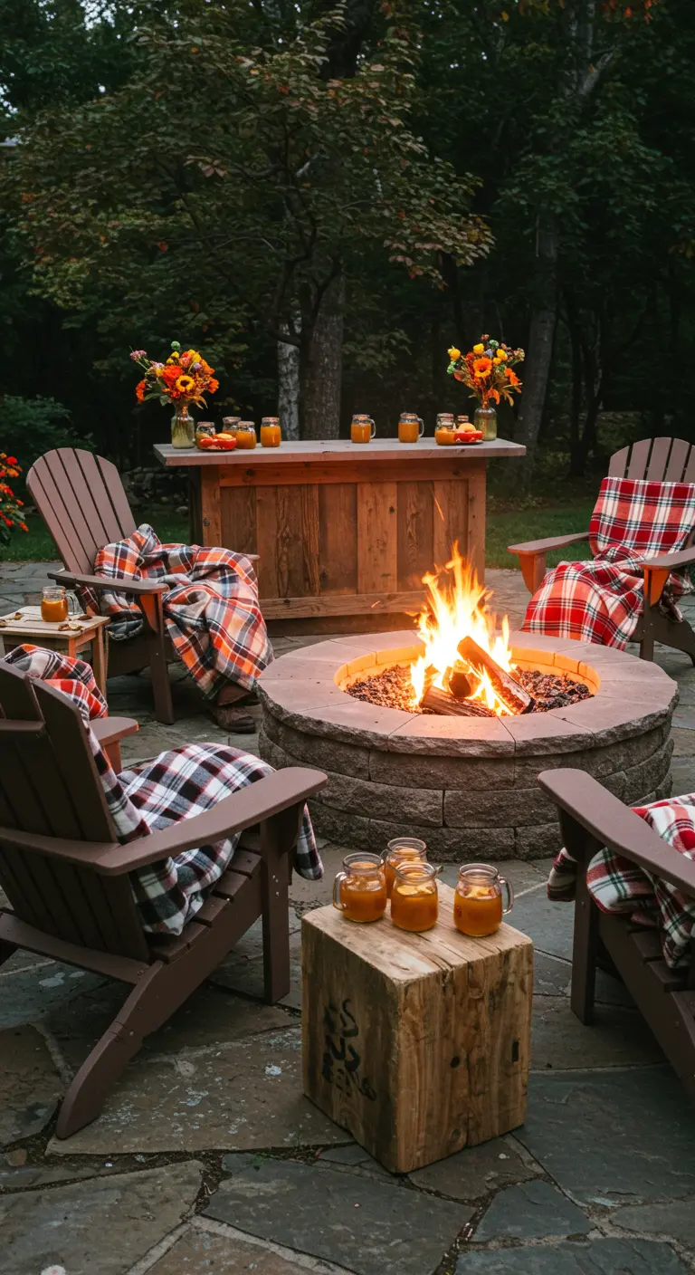 Hoguera en un patio con sillas Adirondack cubiertas con mantas de tartán y bebidas calientes.