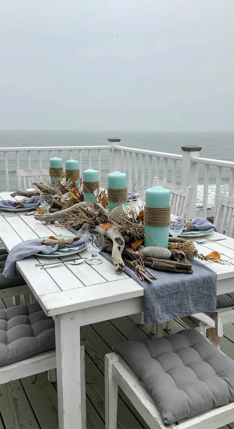 Mesa blanca junto al mar con decoración de madera de deriva y velas turquesa.