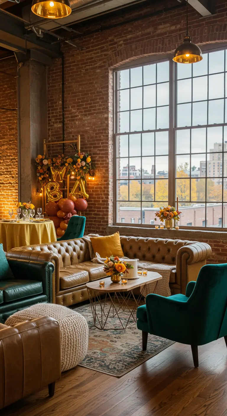 Salón de estilo industrial decorado para un cumpleaños con sofás de cuero y globos metálicos.
