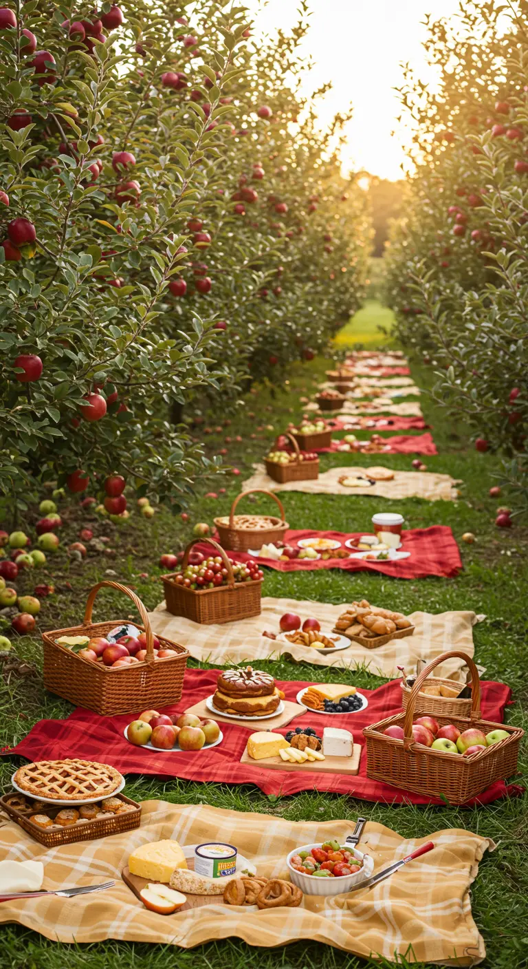 Mantas de picnic extendidas en un huerto de manzanos, con cestas y comida otoñal.